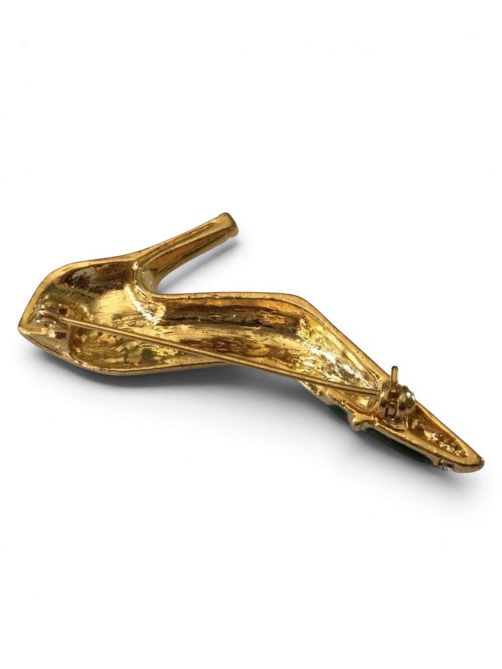 Vintage Green Enamel High‑Heel Shoe Brooch - Gold‑Tone w/ Rhinestones - Picture 10 of 11